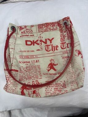 DKNY vintage small Tote cream with Red Newspaper very rare find and so cute!